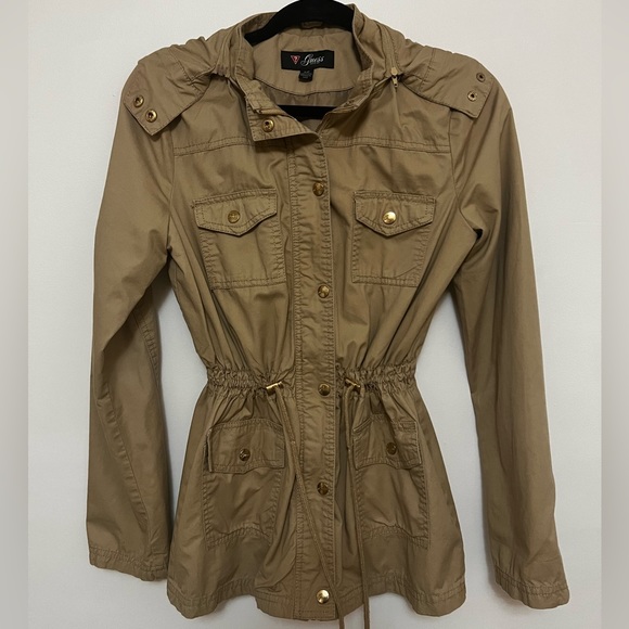 Guess - khaki cargo jacket with cinched waist and hood. SM - Picture 1 of 4